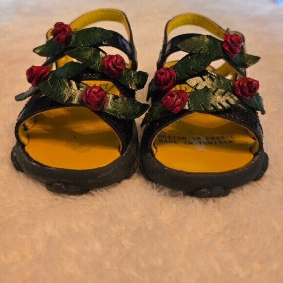 Pom D'Api Black Patent Sandals w Red and Green Rose Accents - Picture 2 of 5